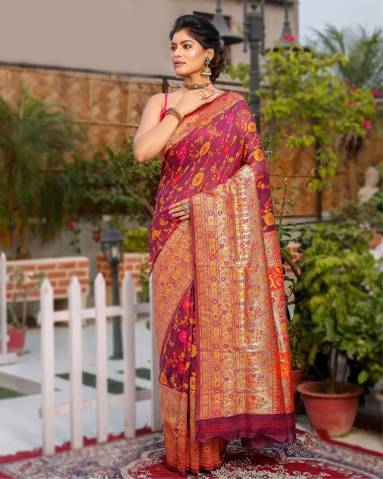 Ziyorah| Banarasi Silk Saree Purple Color With Contrast Pallu And Blouse