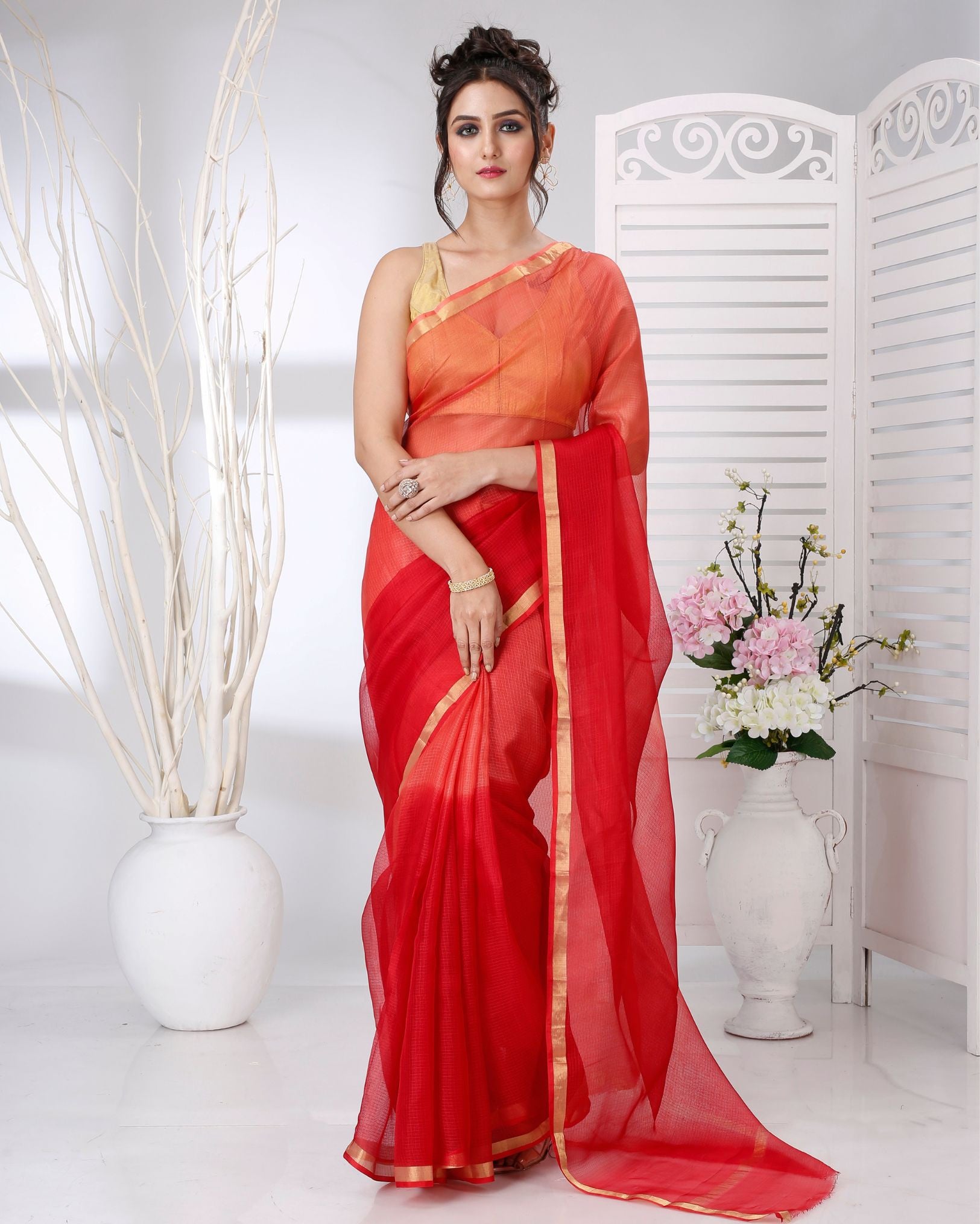 Ziyorah | Kota Silk Orange Saree Plain With Running Blouse