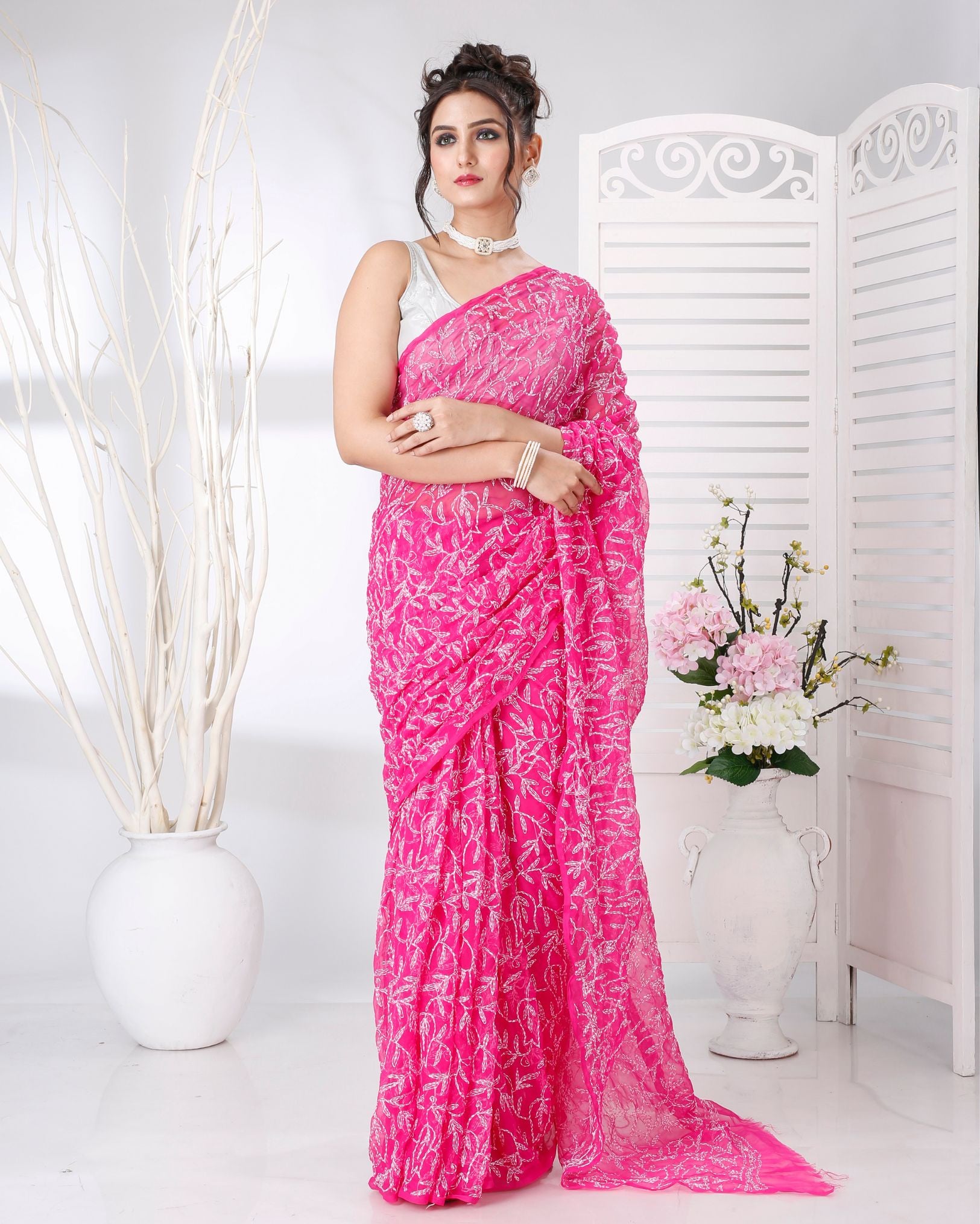 Ziyorah | Georgette Handcrafted Saree Dark Pink Color Tepchi Work With Running Blouse