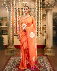 Ziyorah | Mul Cotton Hand Painted Orange Saree