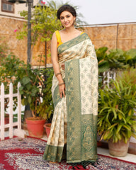 Ziyorah| Banarasi Silk Saree Beige Color With Contrast Pallu And Blouse