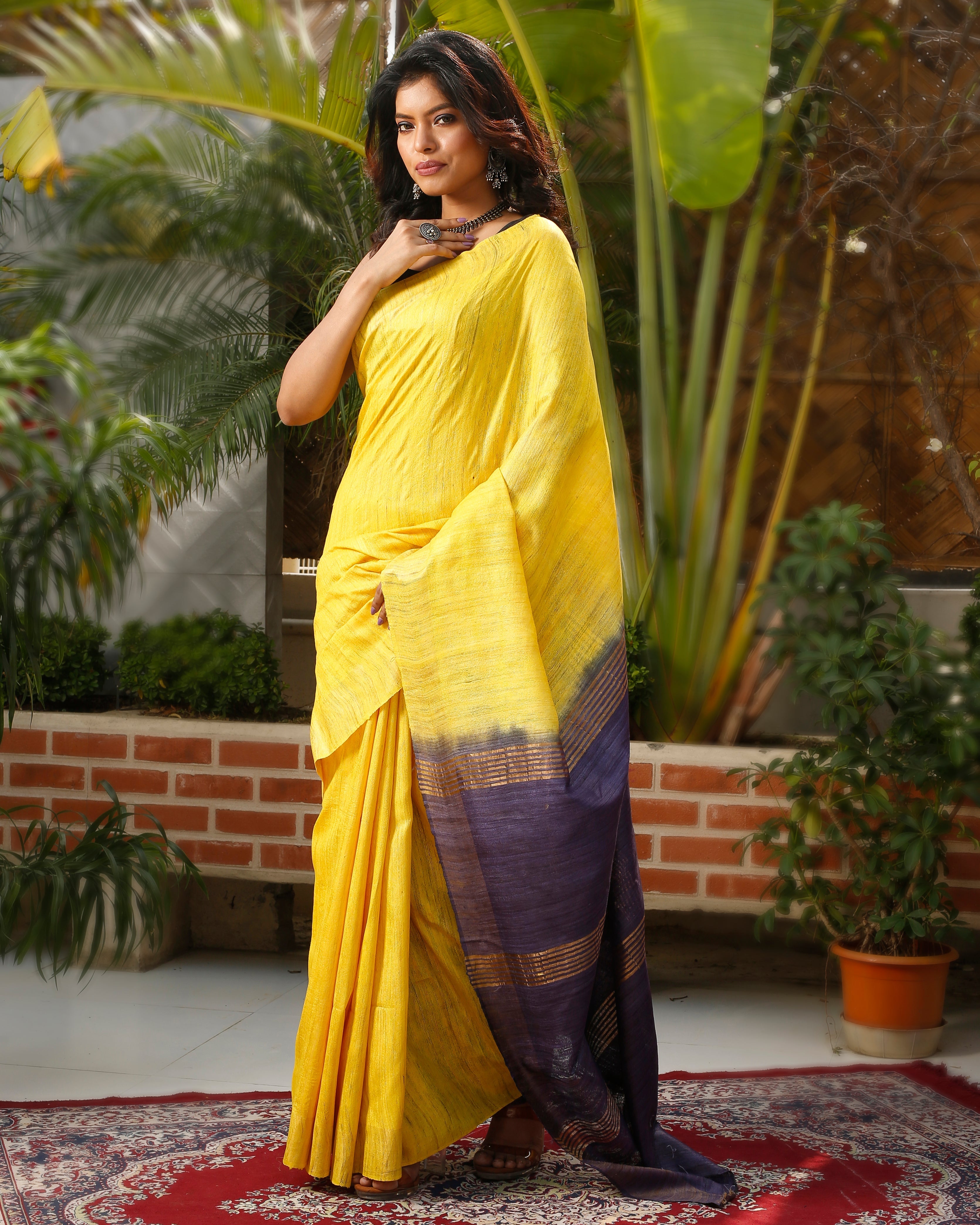 Ziyorah| Silkmark Certified Gichcha Tussar Handloom Hand Dyed Yellow Saree With Blouse