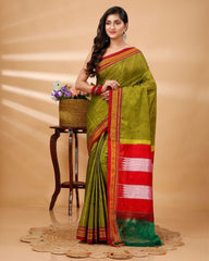 Ziyorah| Ilkal Handloom Cotton Silk Saree Olive Green Color With Running Blouse