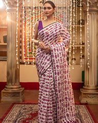 Ziyorah | Mul Cotton Printed Saree White & Purple