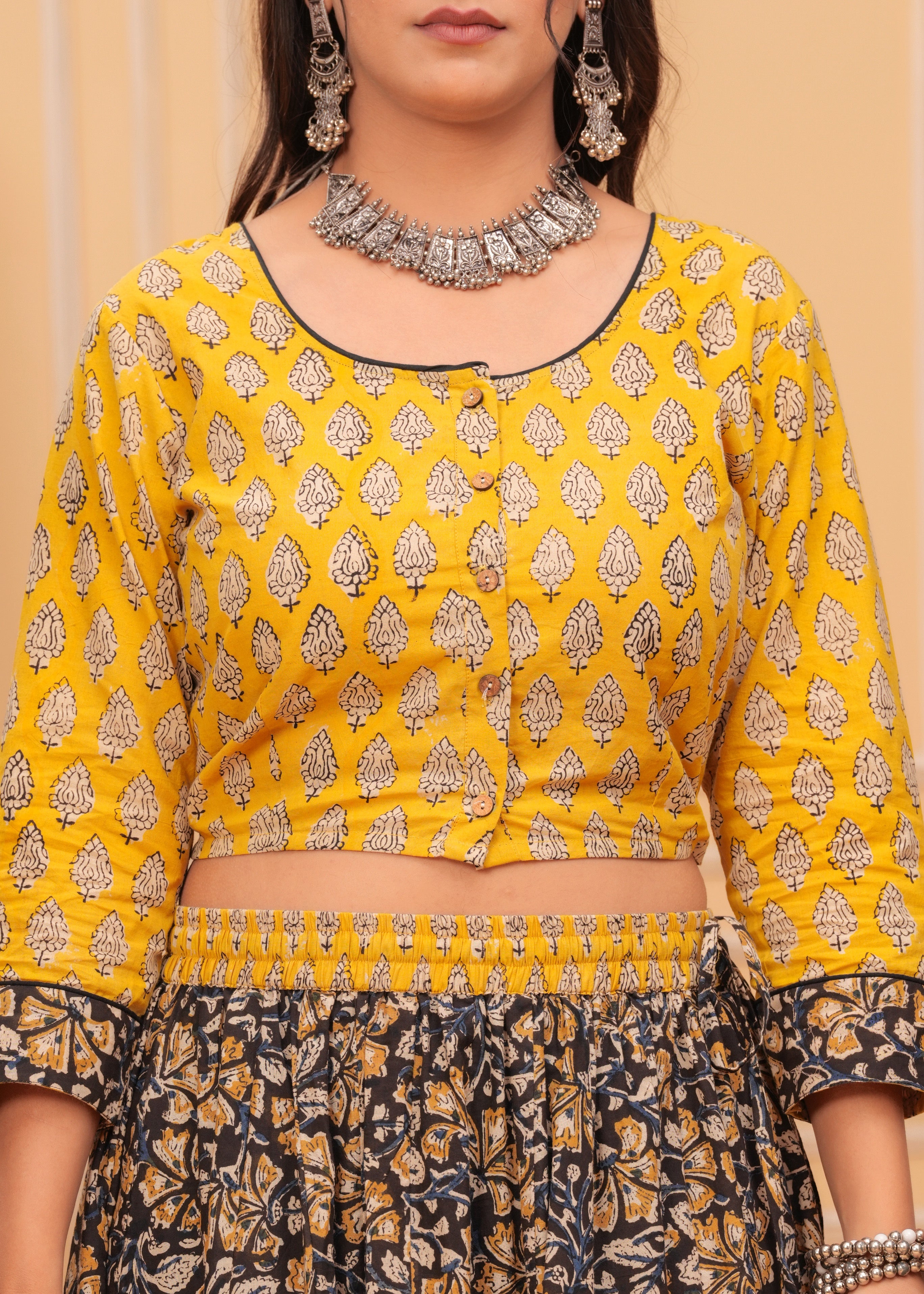 Ziyorah | Blockprinted Black & Yellow Lehanga Choli Set