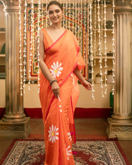 Ziyorah | Mul Cotton Hand Painted Orange Saree