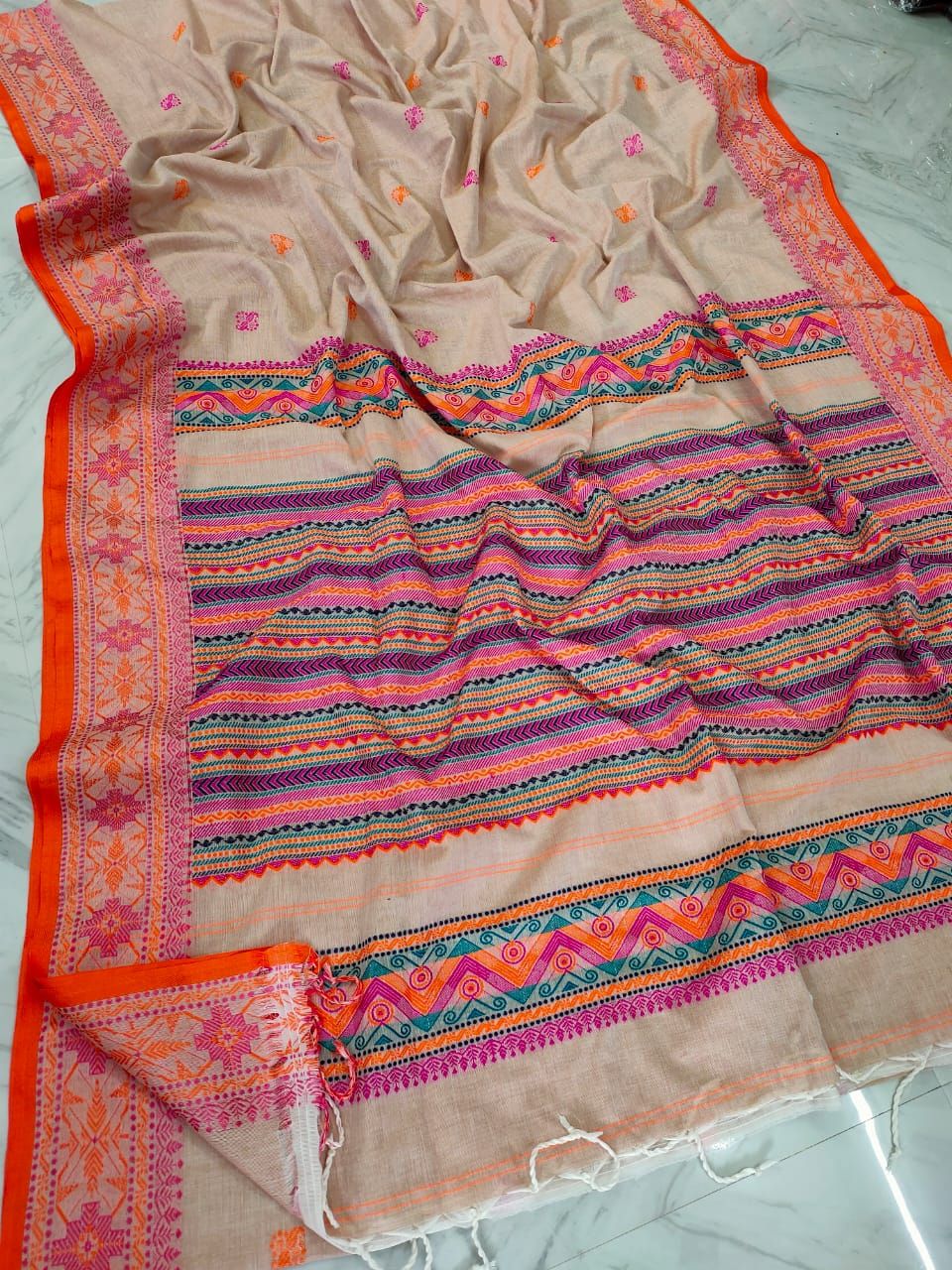 Ziyorah| Pure Cotton Handloom Saree Striped Design Pallu Peach Color With Running Blouse