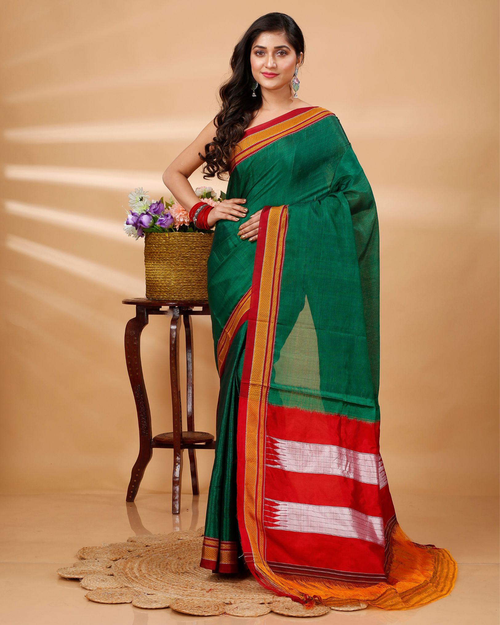 Ziyorah| Ilkal Handloom Cotton Silk Saree Dark Green Color With Running Blouse