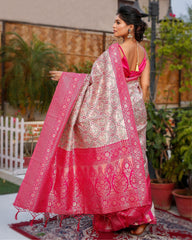 Ziyorah| Banarasi Silk Saree Light Beige & Pink Color With Contrast Pallu And Blouse