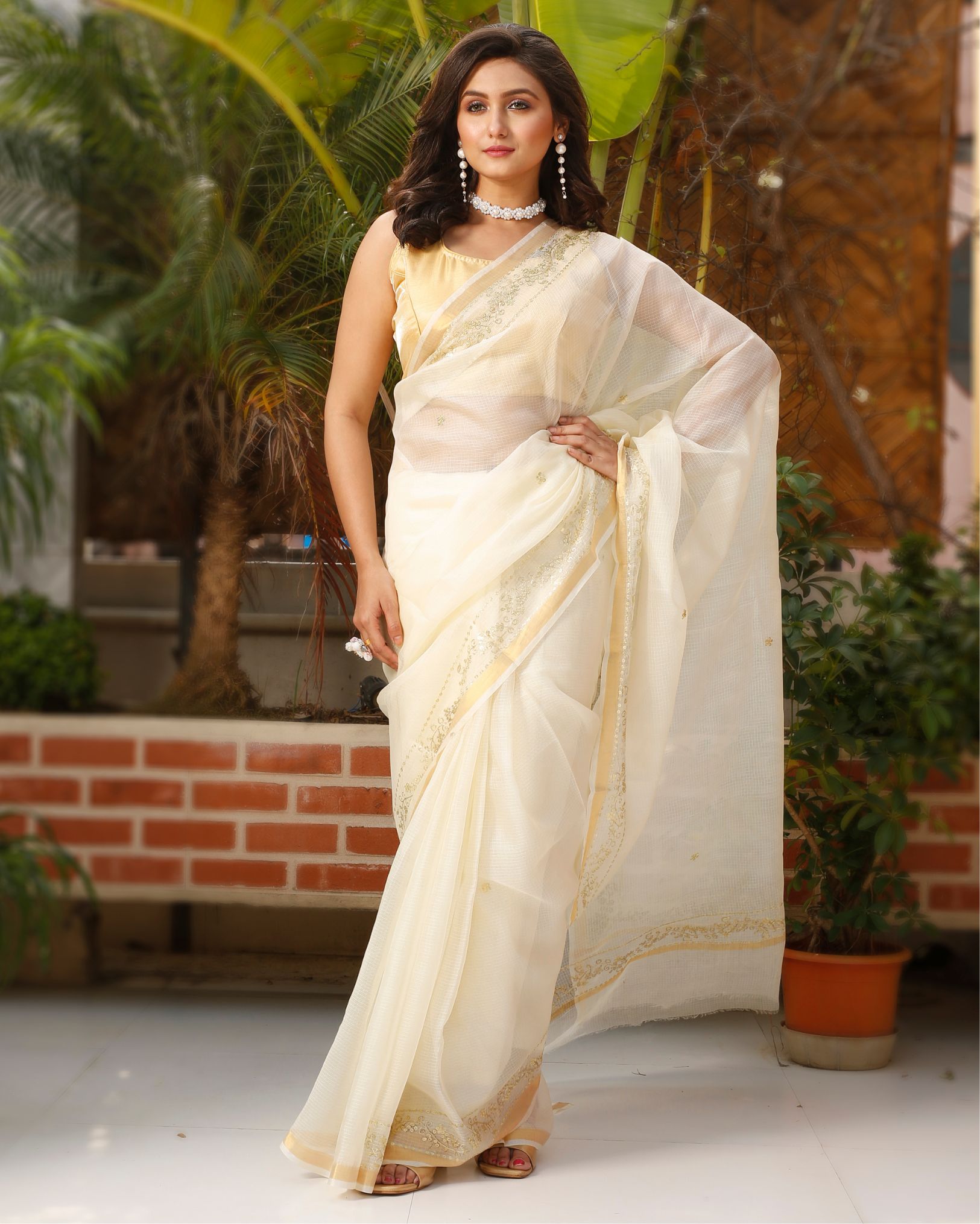 Ziyorah| Pure Silk Kota Doria Saree Beige Color Allover Hand Pitta Work With Running Blouse