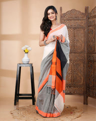 Ziyorah | Handloom Mulmul Cotton Saree Off White Contrast Pallu With Running Blouse