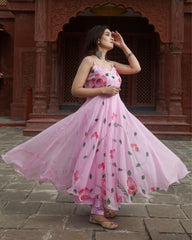 Ziyorah| Organza Pink Suit Hand Painted Three Quarter Length Sleeve