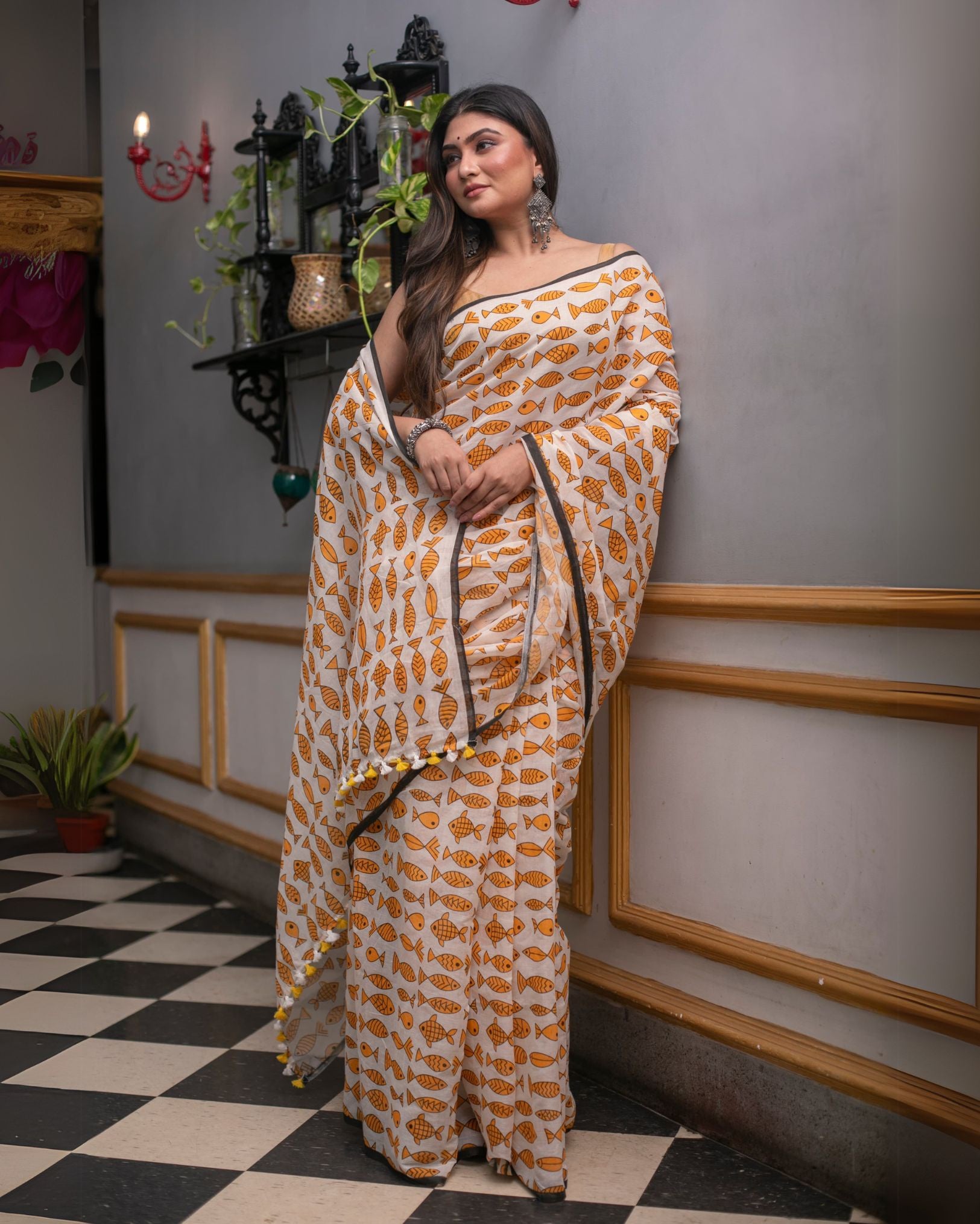 Ziyorah | Mul Cotton Printed Saree Orange & White