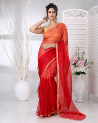 Ziyorah | Kota Silk Orange Saree Plain With Running Blouse