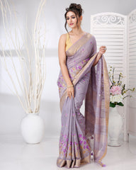 Ziyorah | Banswara Silk Lavender Gray Saree Lotus Embroidery Running Blouse