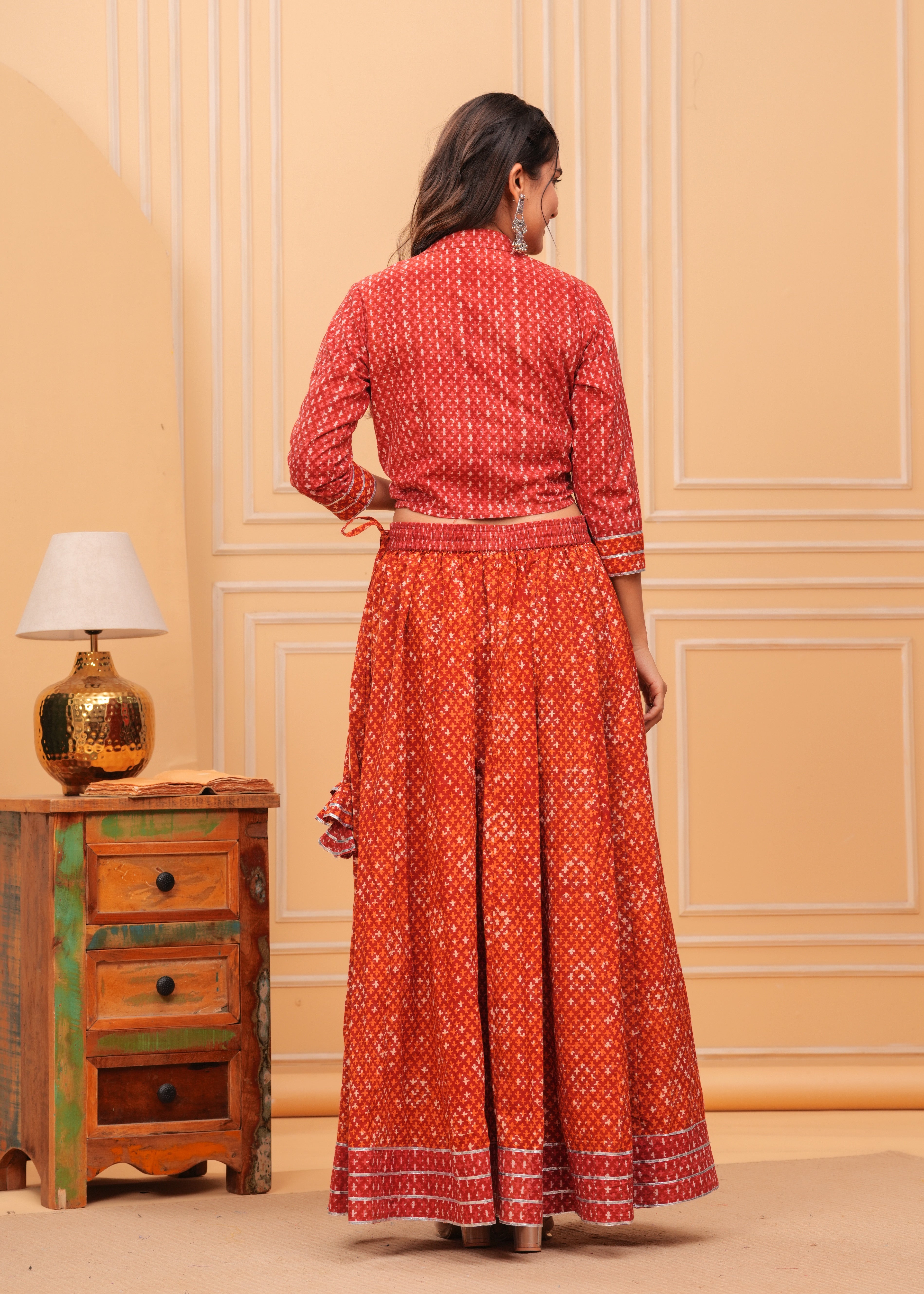 Ziyorah | Blockprinted Orange Lehanga Choli Set