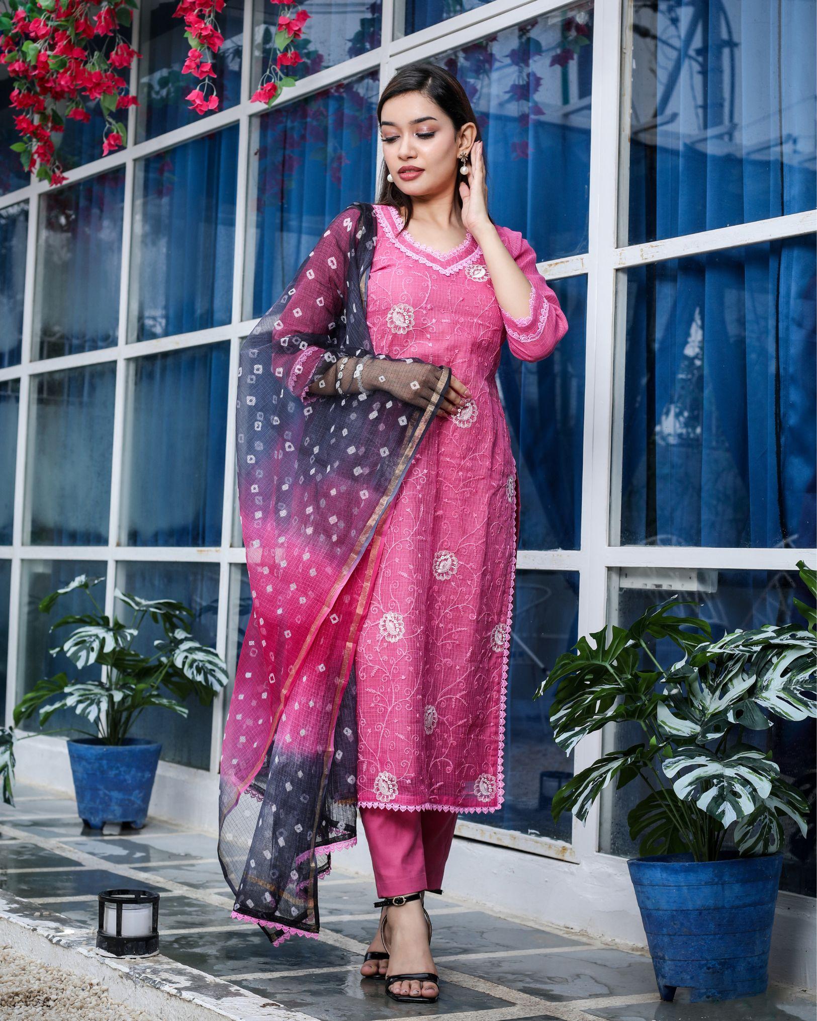 Ziyorah| Kota Doria Pink Suit Stitch Embroidery 3/4Th Sleeve