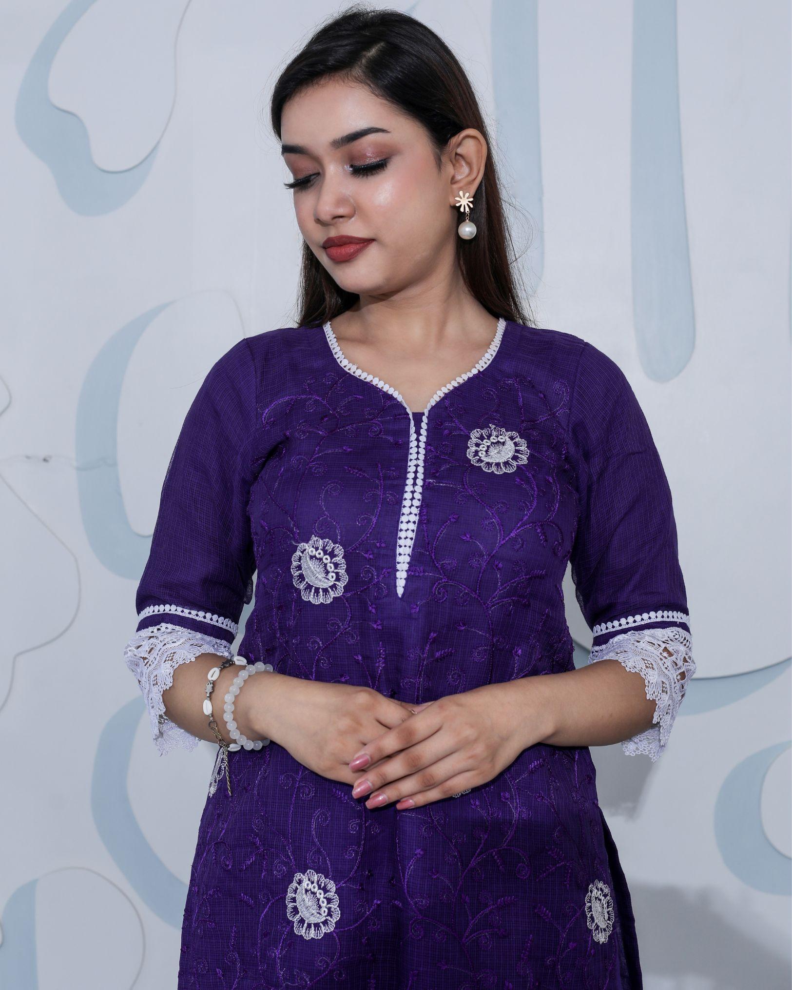 Ziyorah| Kota Doria Purple Suit Stitch Embroidery 3/4Th Sleeve