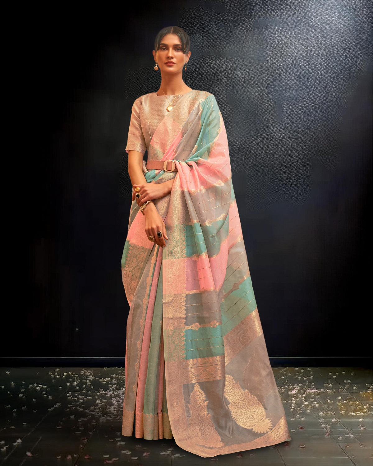 Ziyorah | Organza Banarasi Silk Pink & Blue Saree