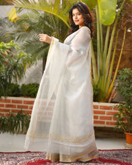 Ziyorah| Pure Silk Kota Doria Saree Off White Color Allover Hand Pitta Work With Running Blouse