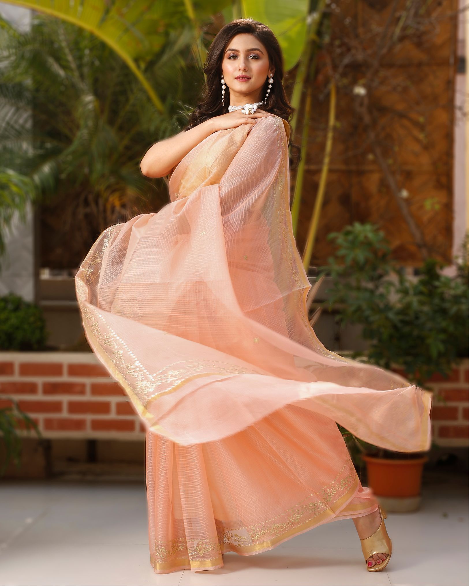 Ziyorah| Pure Silk Kota Doria Saree Peach Color Allover Hand Pitta Work With Running Blouse