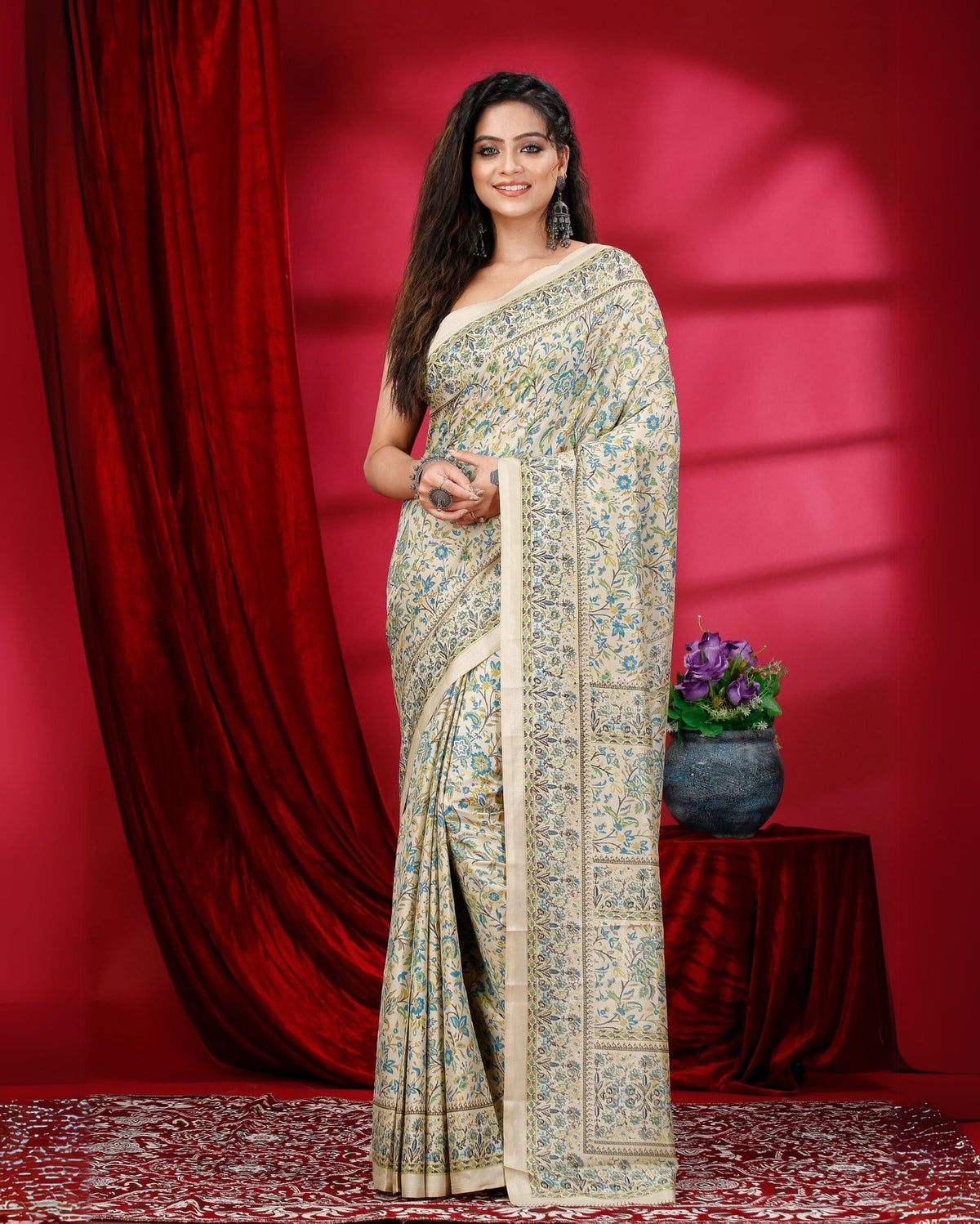 Ziyorah | Kashmiri Silk Off White Printed Saree