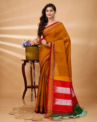 Ziyorah| Ilkal Handloom Cotton Silk Saree Mustard Orange Color With Running Blouse