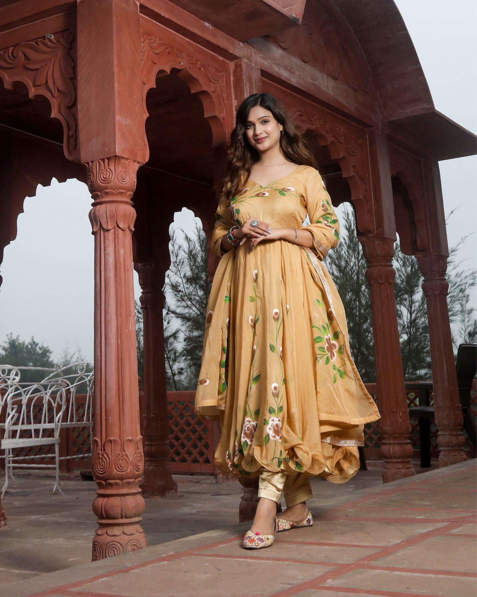 Ziyorah| Organza Honey Yellow Suit Hand Painted Three Quarter Length Sleeve