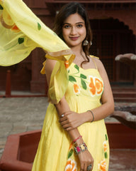 Ziyorah| Organza Yellow Suit Hand Painted Three Quarter Length Sleeve