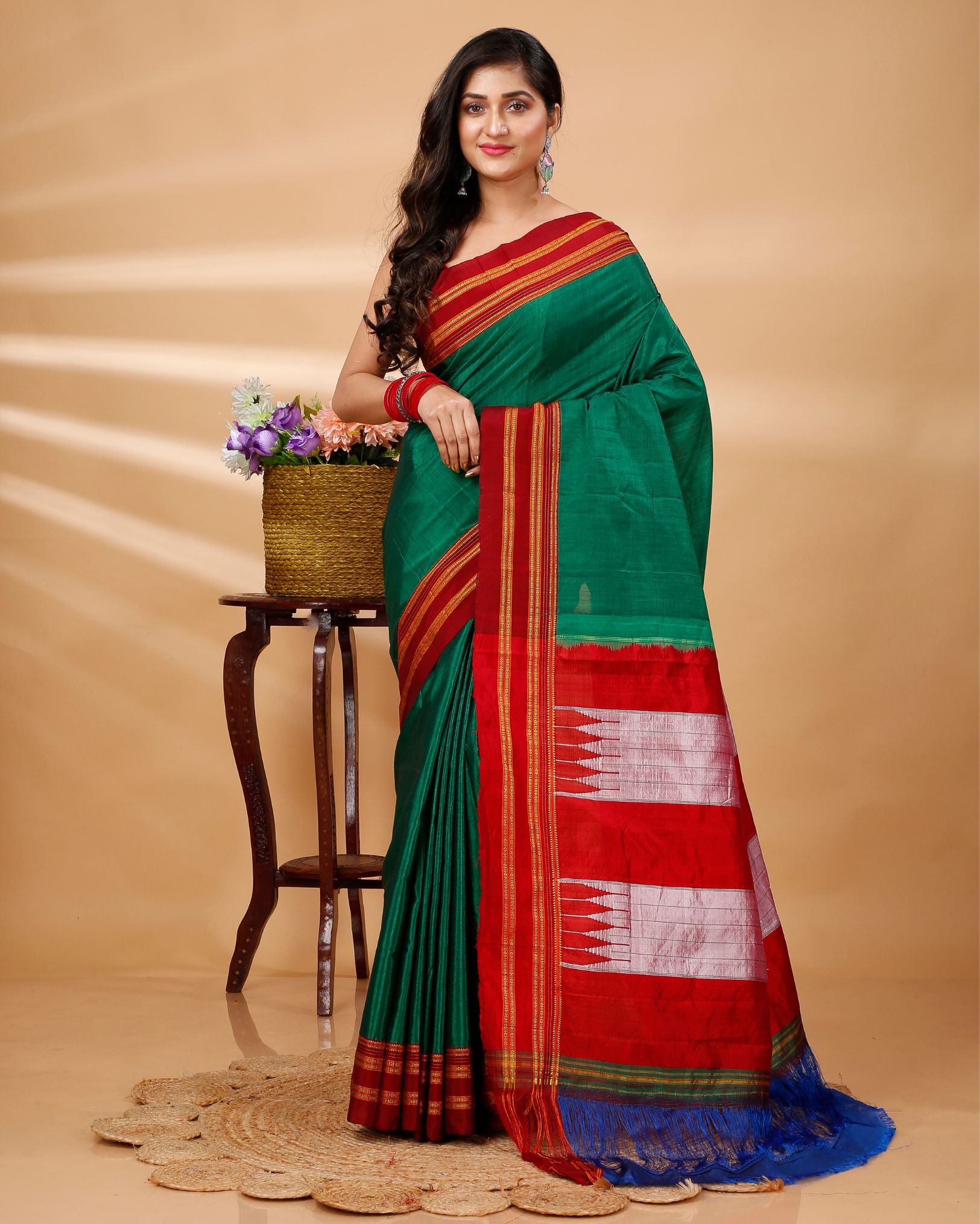 Ziyorah| Ilkal Handloom Cotton Silk Saree Dark Green Color With Running Blouse