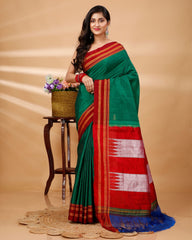 Ziyorah| Ilkal Handloom Cotton Silk Saree Dark Green Color With Running Blouse