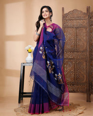 Ziyorah | Handloom Mercerized Cotton Silk Saree Dark Blue Color With Running Blouse