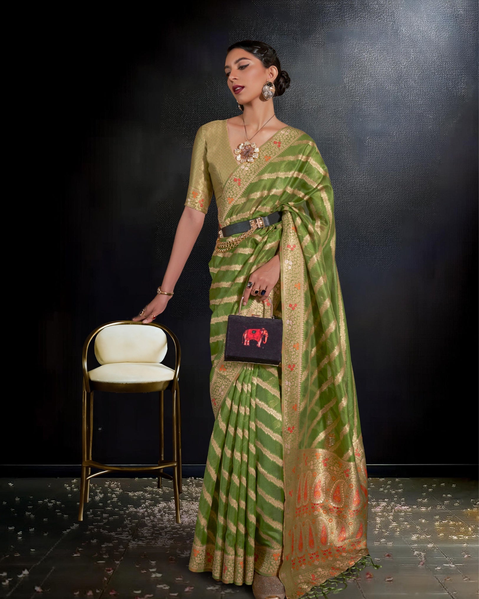 Ziyorah|Organza Silk Meenakari Weaving Green Saree|Stunning