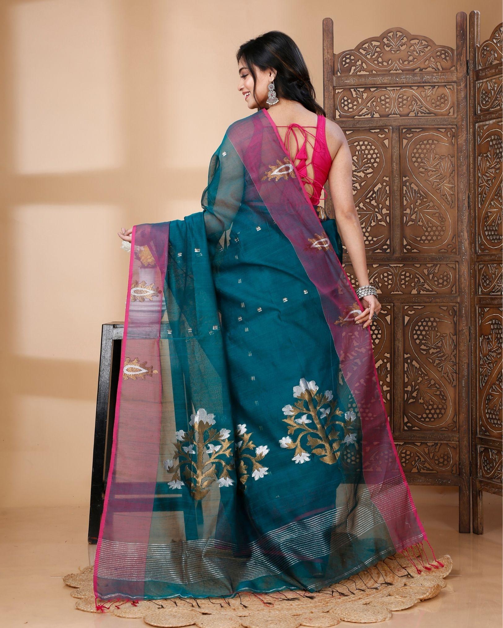 Ziyorah | Handloom Mercerized Cotton Silk Saree Sea Blue Color With Running Blouse