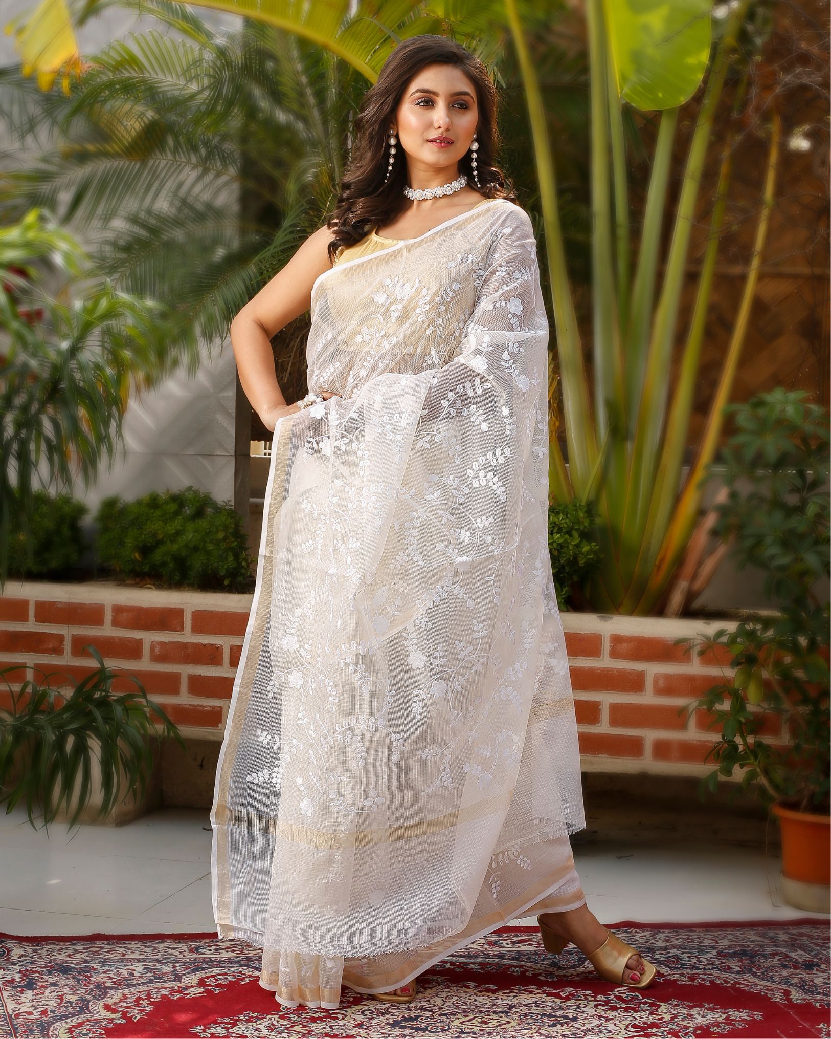 Ziyorah| Pure Cotton Kota Doria Saree Off White Color Jaal Embroidery With Running Blouse