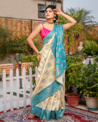 Ziyorah| Banarasi Silk Saree Cream Color With Cyan Blue Pallu And Blouse