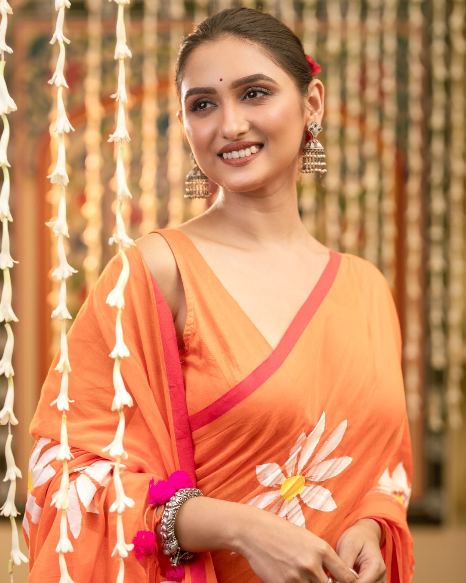 Ziyorah | Mul Cotton Hand Painted Orange Saree