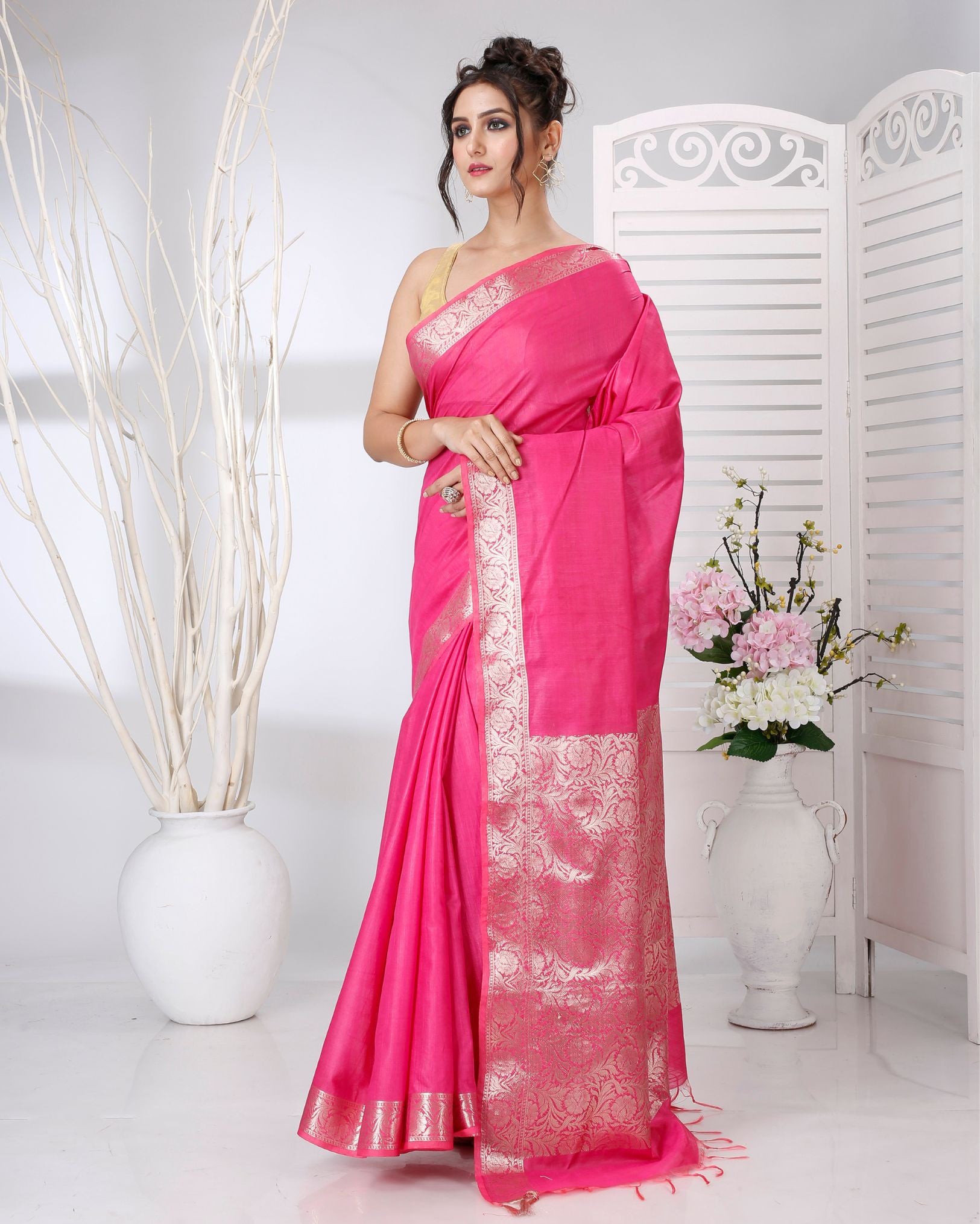 Ziyorah | Silk Linen Banarasi Brocade Handloom Pink Saree With Running Blouse