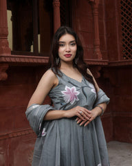 Ziyorah| Organza Dark Grey Suit Hand Painted Three Quarter Length Sleeve