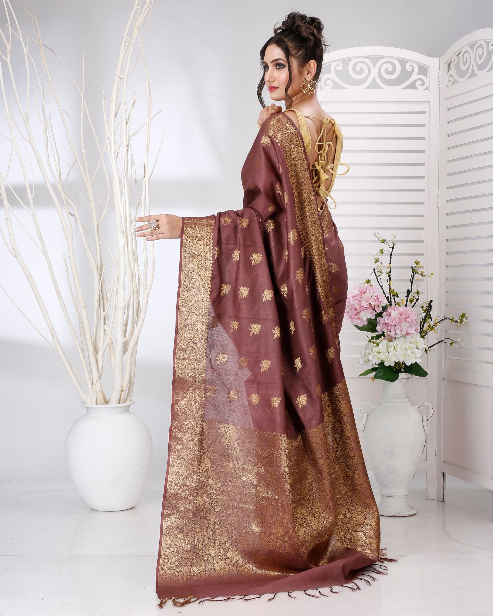 Ziyorah | Banarasi Katan Silk Brown Saree Jaquard Weaving Running Blouse