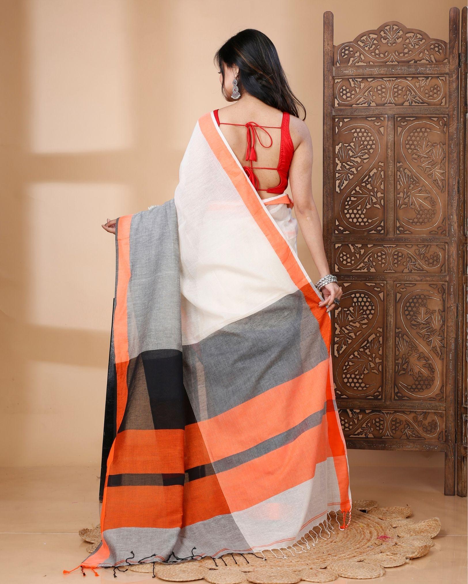 Ziyorah | Handloom Mulmul Cotton Saree Off White Contrast Pallu With Running Blouse