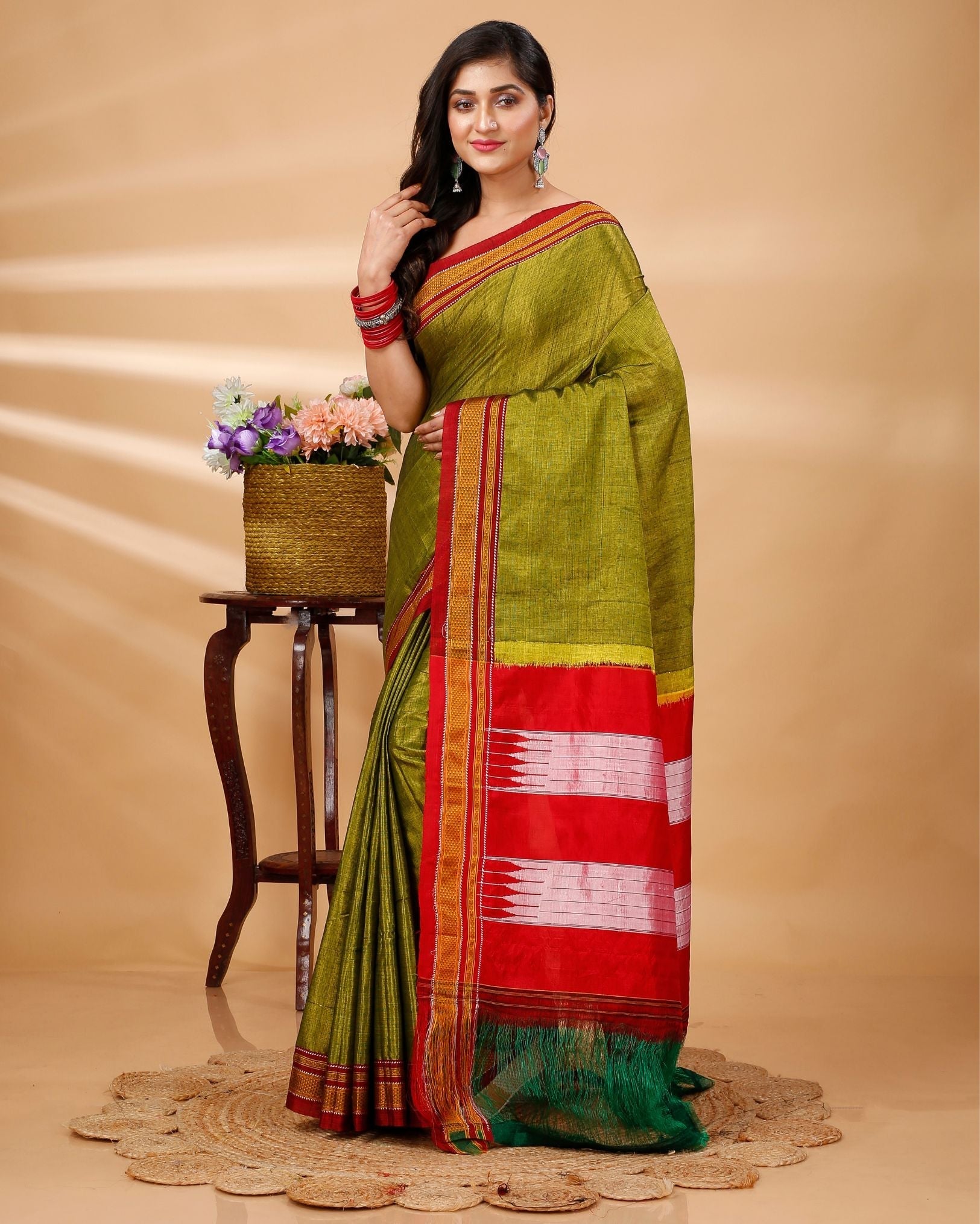 Ziyorah| Ilkal Handloom Cotton Silk Saree Olive Green Color With Running Blouse