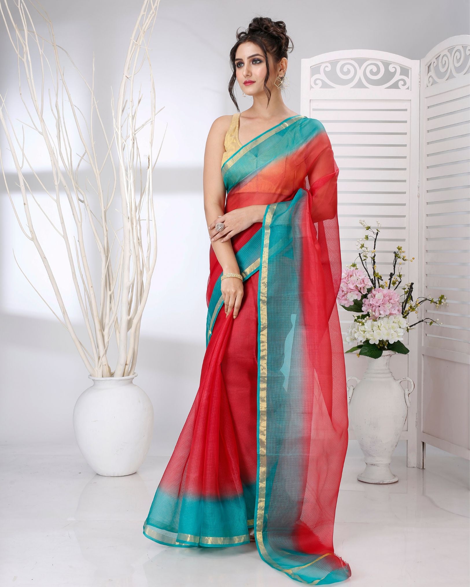 Ziyorah | Kota Silk Red Saree Plain With Running Blouse