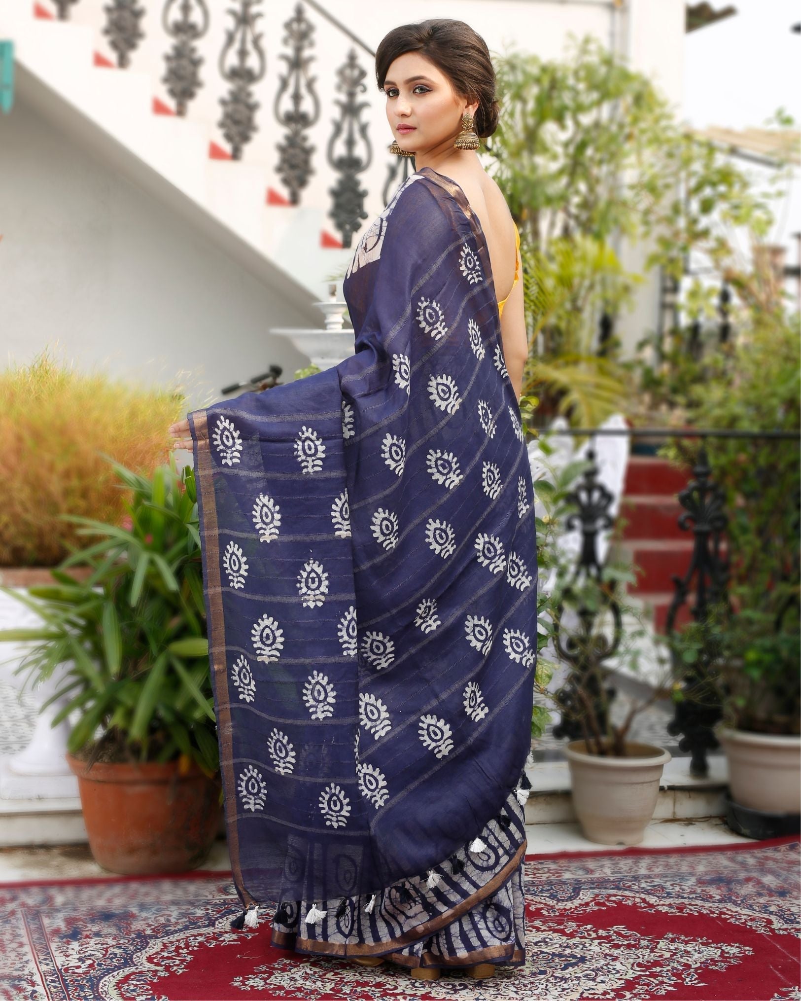 Ziyorah| Kota Silk Saree Slate Blue Color Batik Print With Running Blouse