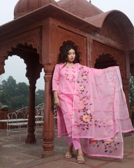 Ziyorah| Kota Doria Pink Suit Stitch Embroidery 3/4Th Sleeve