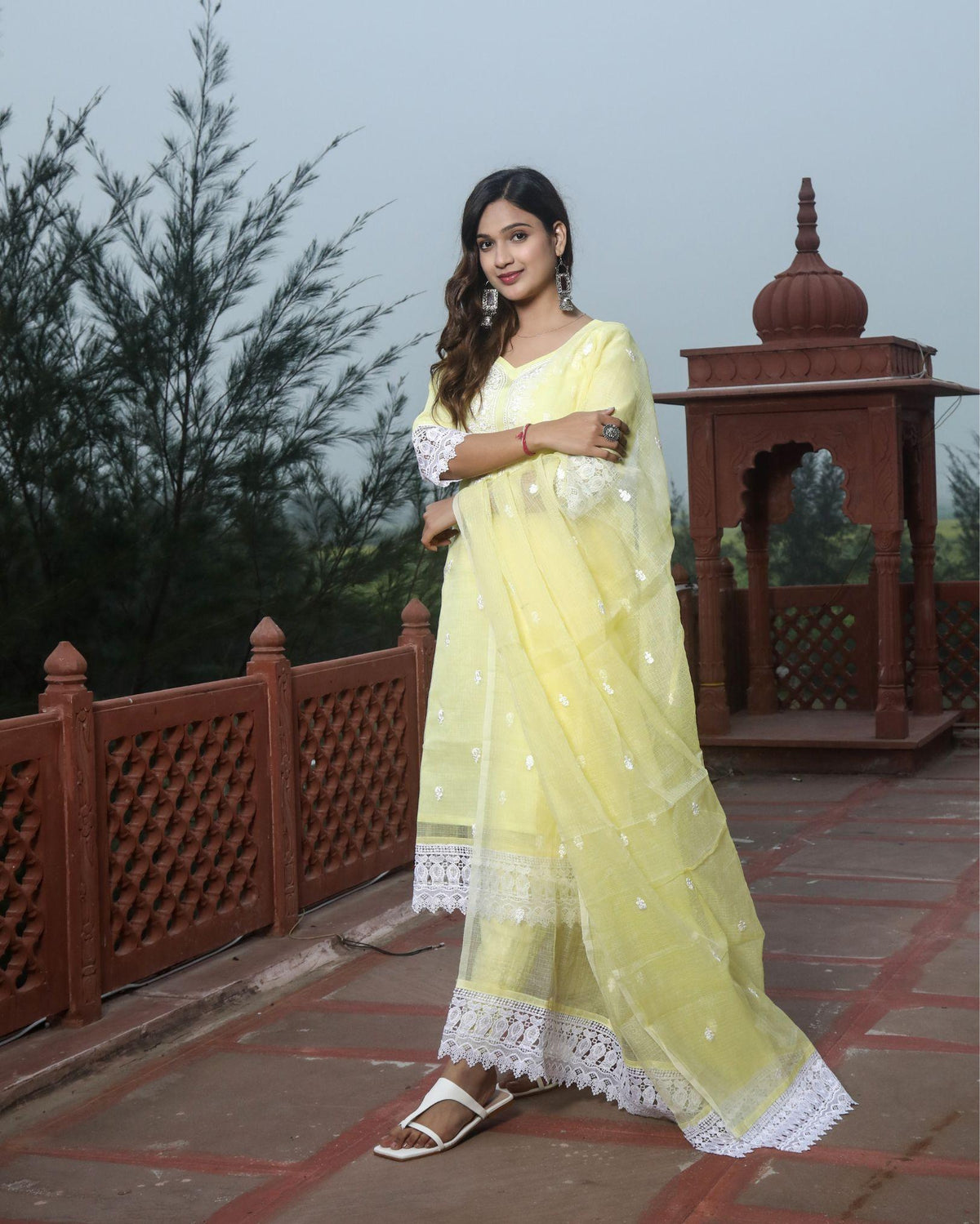 Ziyorah| Kota Doria Yellow Suit Stitch Embroidery 3/4Th Sleeve