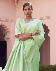 Ziyorah | Silk Linen Banarasi Brocade Green Saree