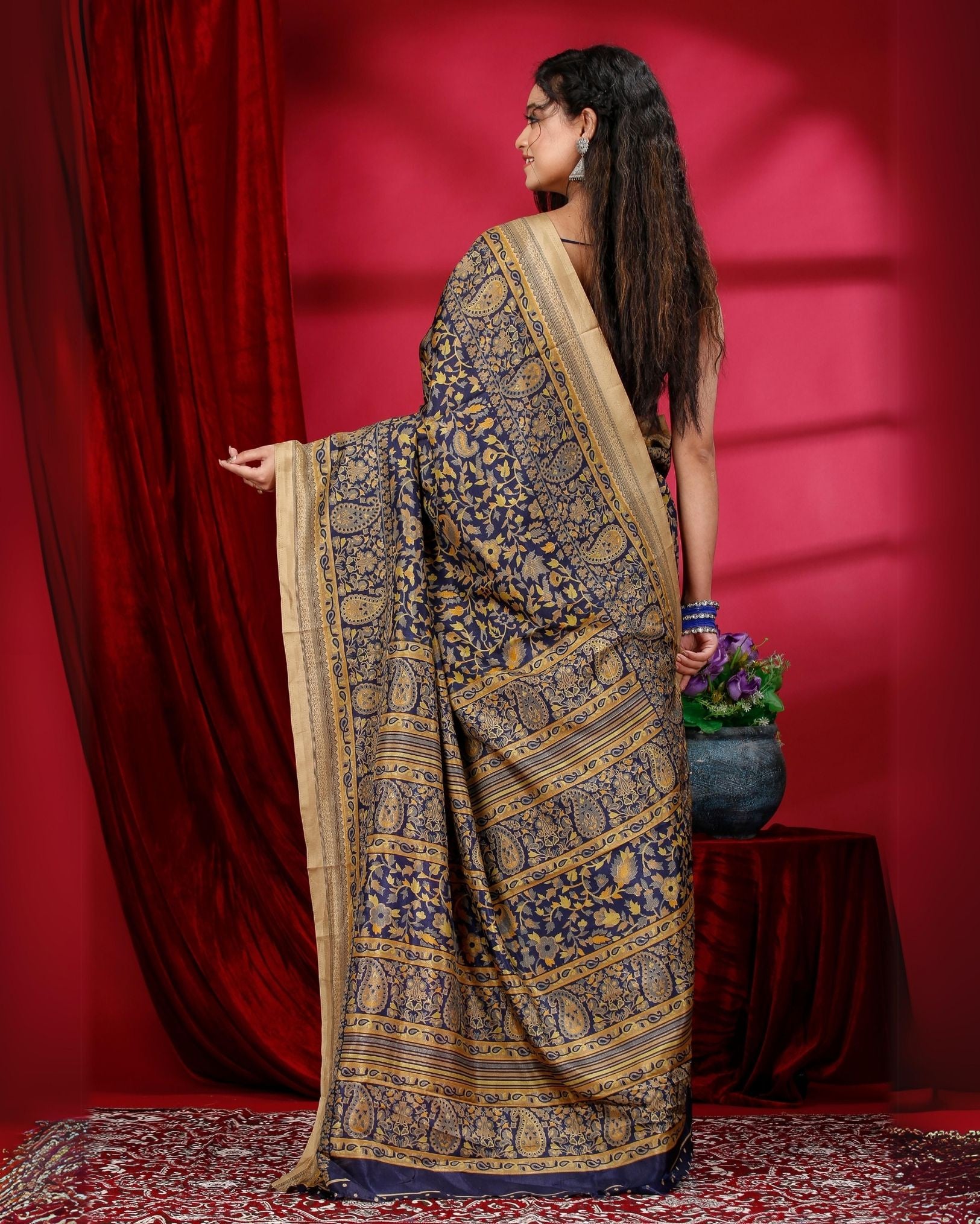 Ziyorah | Kashmiri Silk Navy Blue Printed Saree