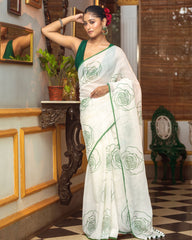 Ziyorah | Mul Cotton Printed Saree White & Green