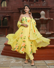 Ziyorah| Organza Yellow Suit Hand Painted Three Quarter Length Sleeve